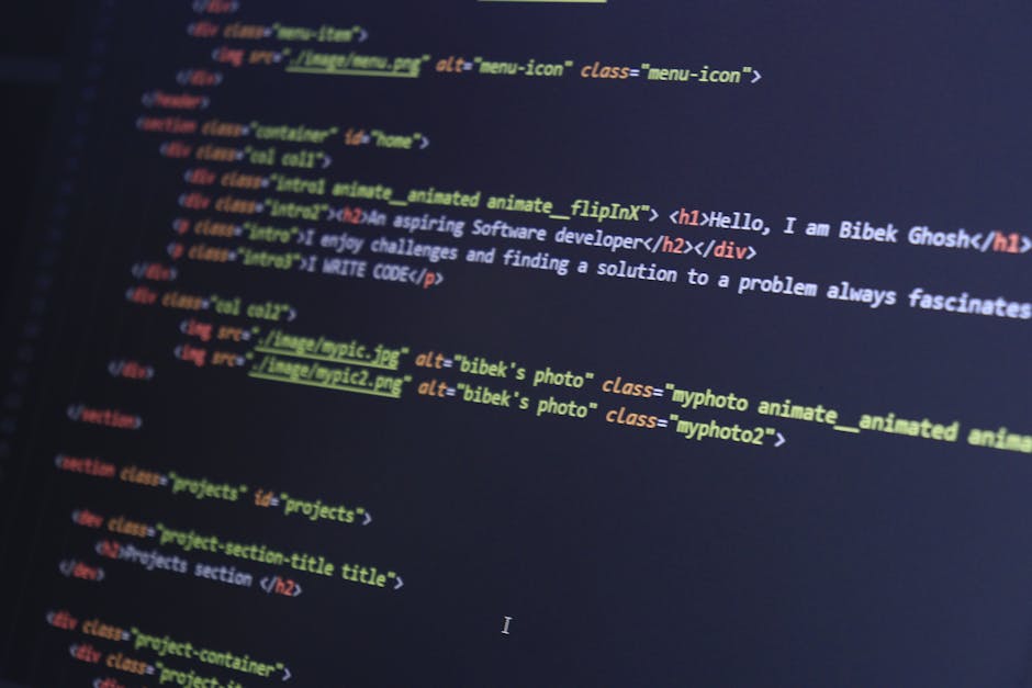 A computer screen displaying a code editor with HTML and CSS code focused on webpage structure and styling. The code includes tags such as <html>, <head>, <title>, and stylesheet links, with syntax hi